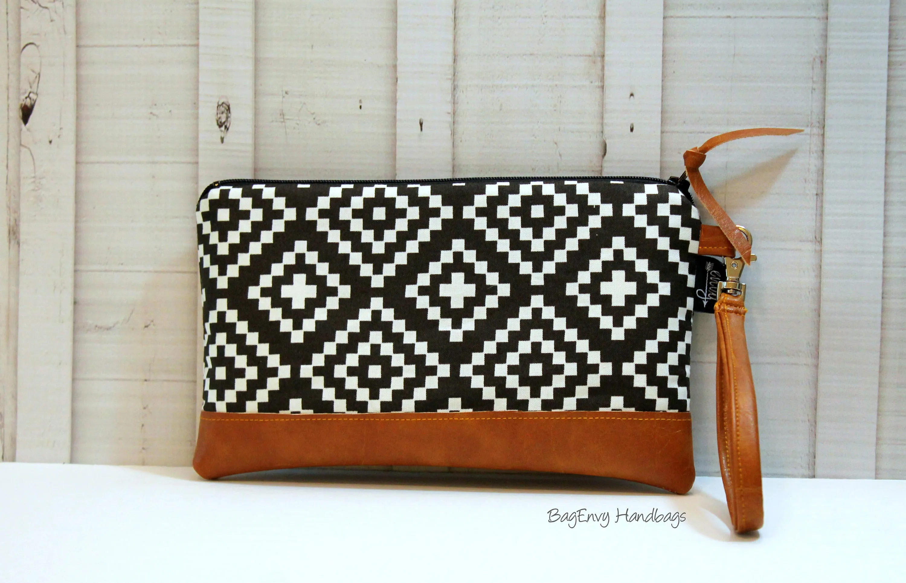 Black Aztec Tile with Vegan Leather - Zippered Wristlet Clutch /  Bridesmaid Gift- Accessory Make Up Bag -