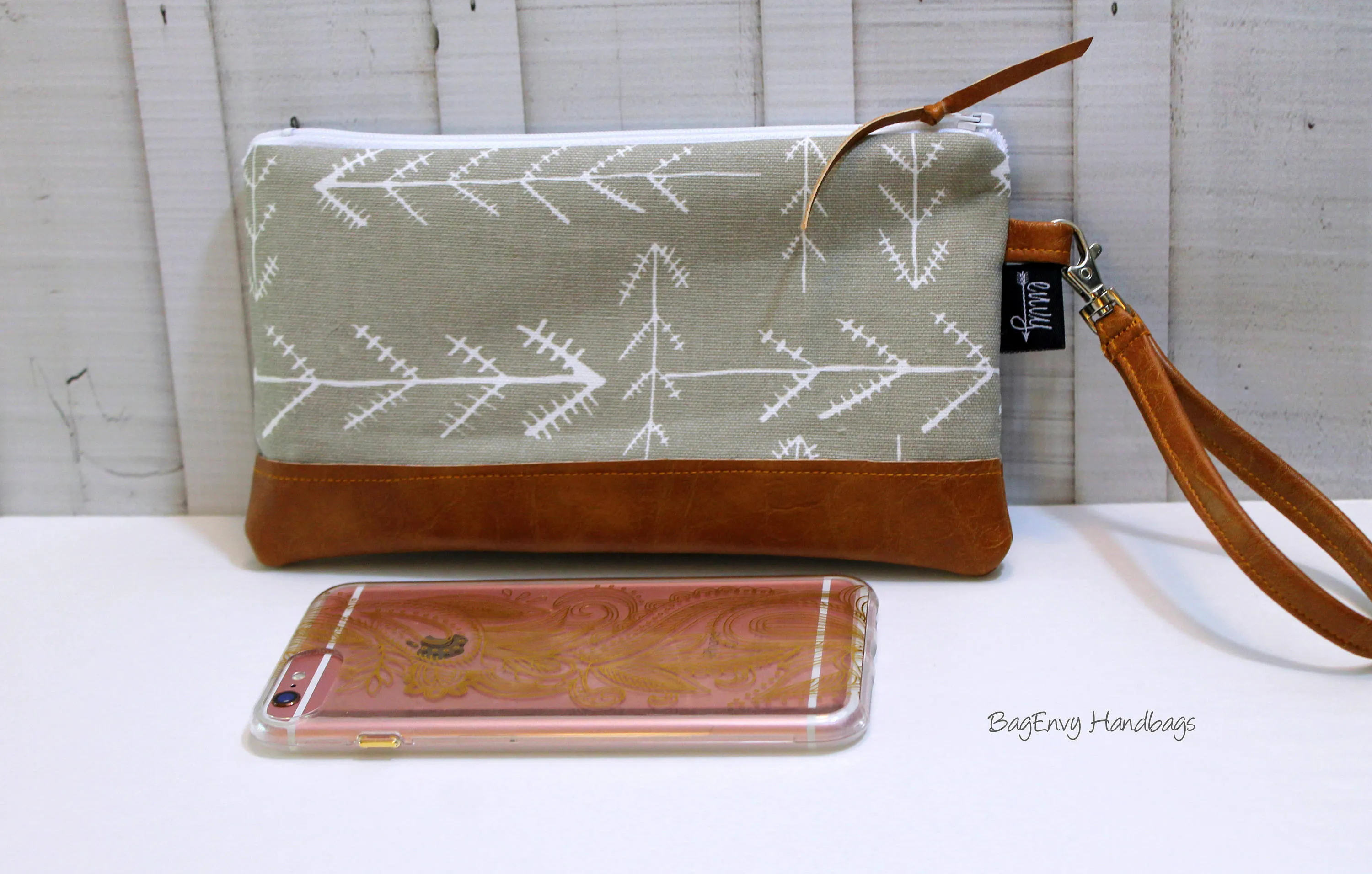 Black Aztec Tile with Vegan Leather - Zippered Wristlet Clutch /  Bridesmaid Gift- Accessory Make Up Bag -