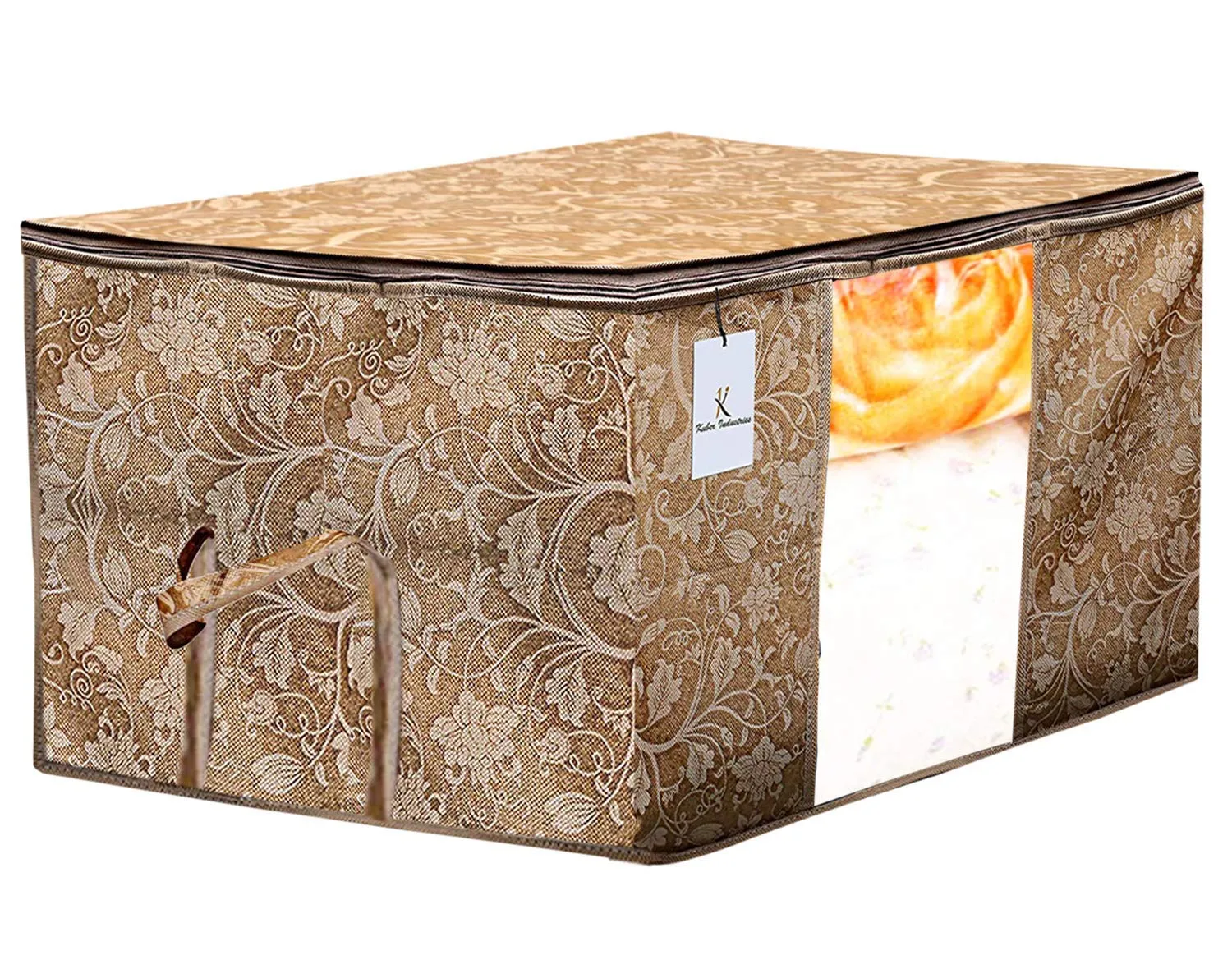 Kuber Industries Metallic Printed Non Woven 2 Pieces Saree Cover and 2 Pieces Underbed Storage Bag, Cloth Organizer for Storage, Blanket Cover Combo Set (Beige) -CTKTC038560