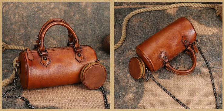 Womens Barrel Purse Genuine Leather Crossbody Bags For Women