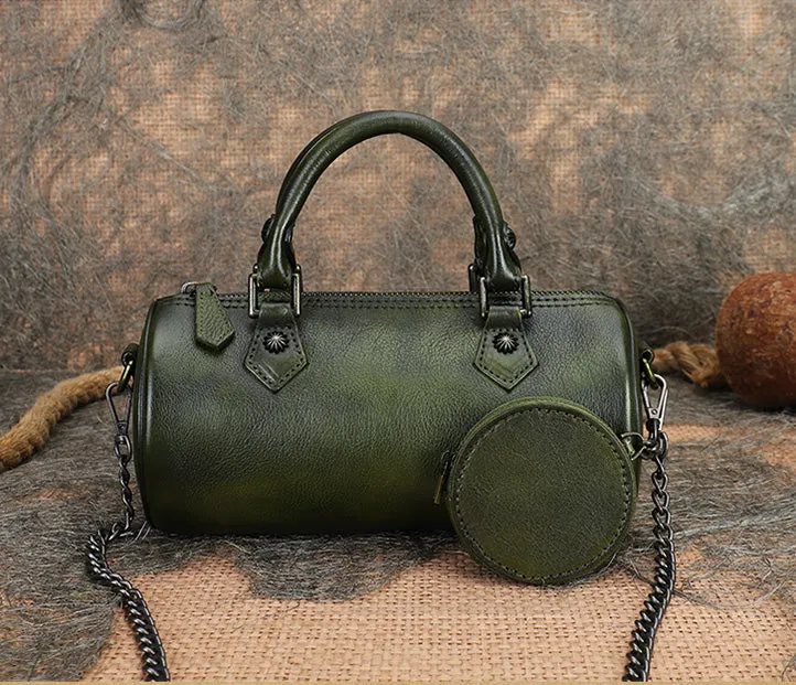 Womens Barrel Purse Genuine Leather Crossbody Bags For Women