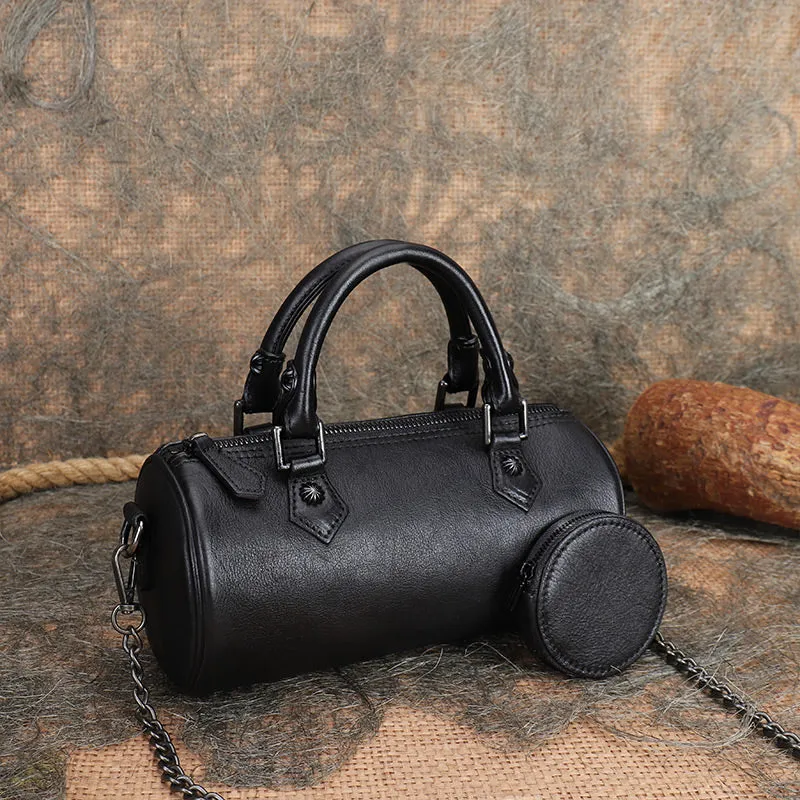 Womens Barrel Purse Genuine Leather Crossbody Bags For Women