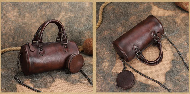 Womens Barrel Purse Genuine Leather Crossbody Bags For Women