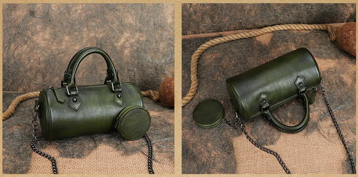 Womens Barrel Purse Genuine Leather Crossbody Bags For Women